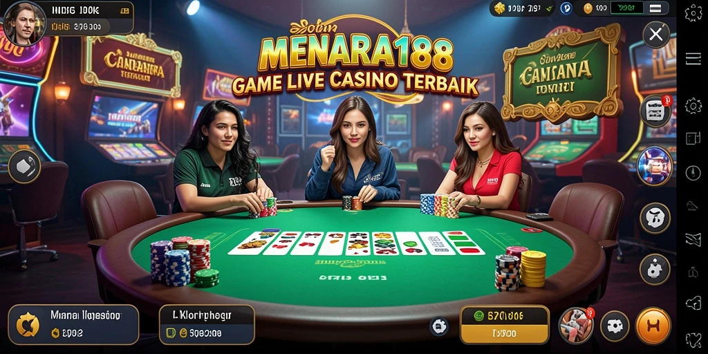 Screenshot gameplay <strong>MENARA188</strong> menampilkan dealer langsung yang ramah dan permainan seru.