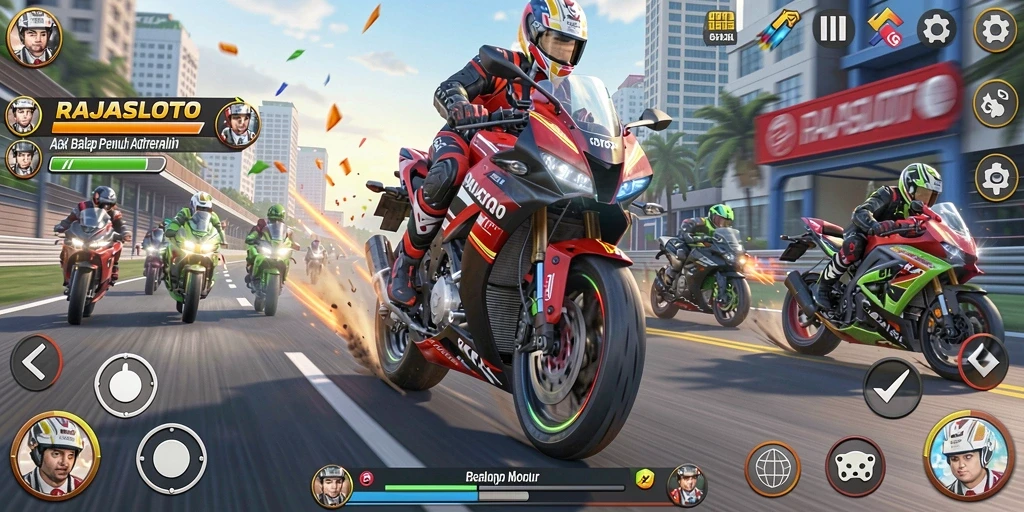 Tampilan aksi balapan motor yang menegangkan di RAJASLOTO.
