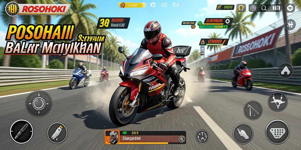 Tampilan gameplay yang mendebarkan dalam ROSOHOKI saat balapan motor.