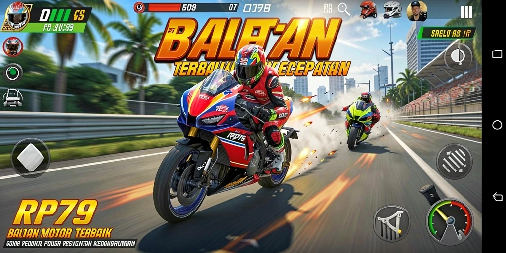 Tampilan gameplay RP79 dengan aksi balapan motor yang mendebarkan.