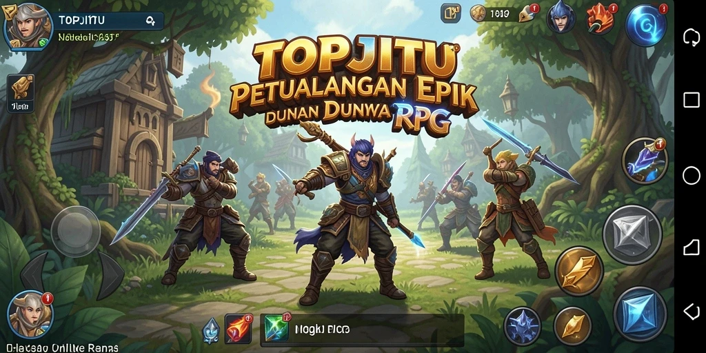 Screenshot menunjukkan pertempuran epik dalam TOPJITU dengan karakter dan monster fantastis.